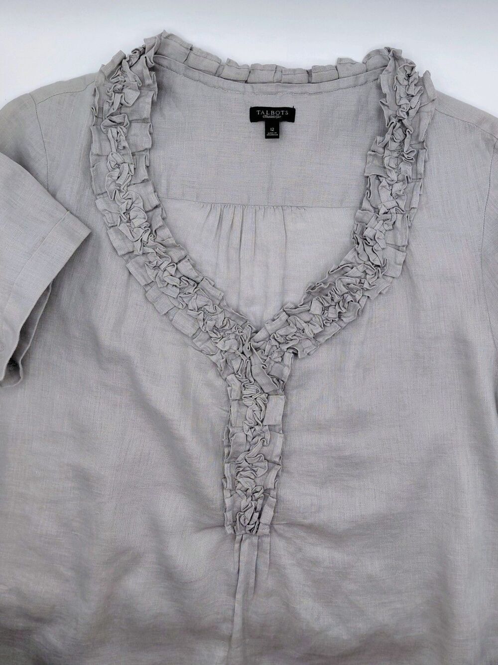 Talbots Linen Ruffled Neck Short Sleeve Top Women's Size 12 Gray Pullover Resort